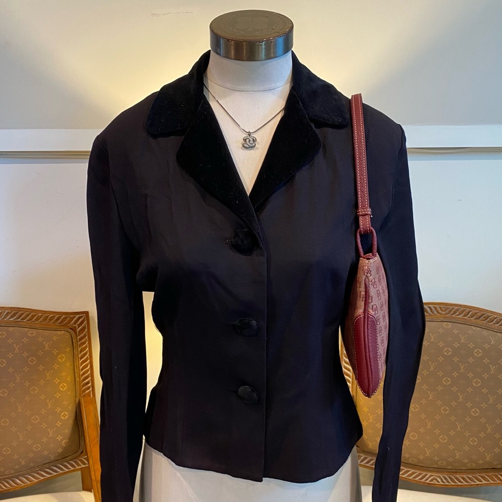 Vintage 90s Black Cropped Blazer Jacket Velvet Collar Women's S Office Chic Goth